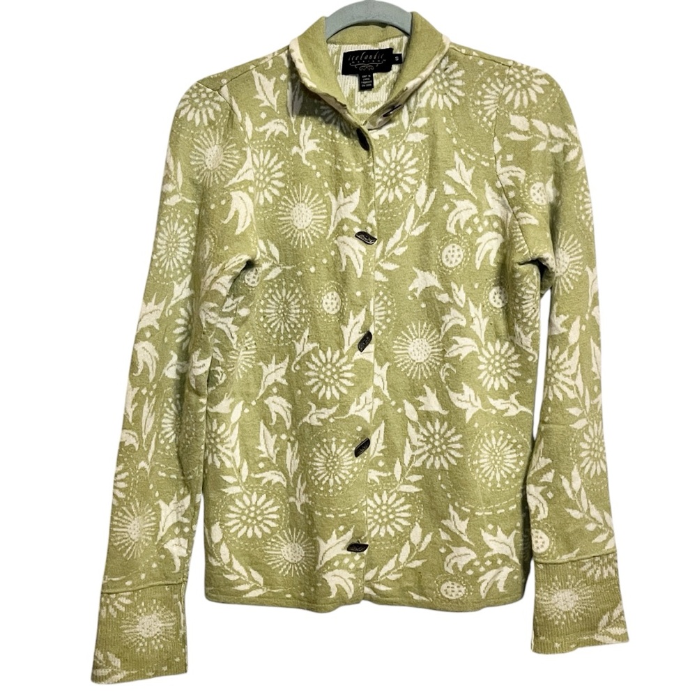 Icelandic Designs Angora Button Cardigan Floral Soft Green Women’s Small
